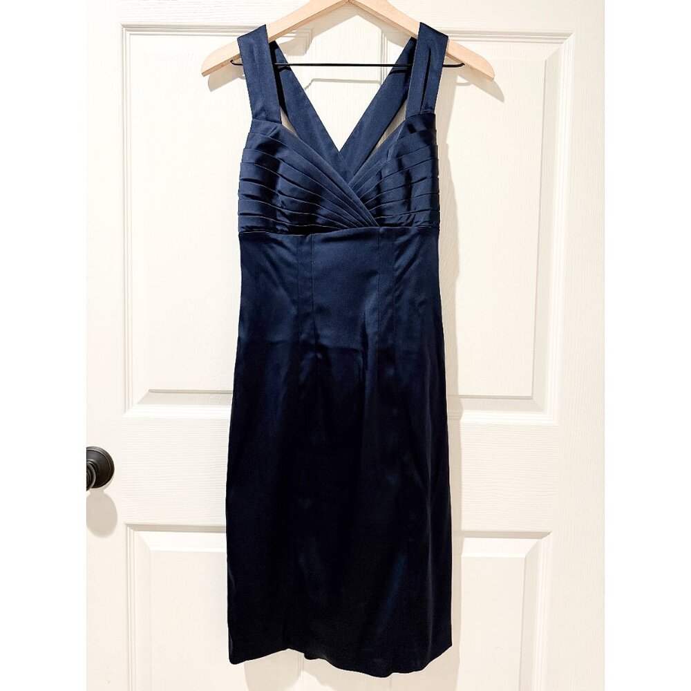 Calvin Klein Navy Blue Satin Scalloped Sweetheart Cross Strap Cocktail Dress 4